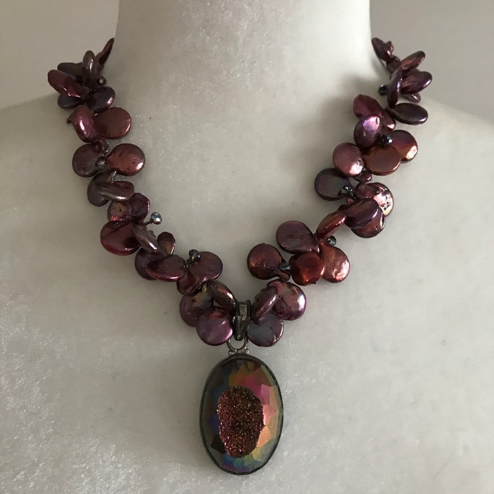 Fresh water pearl and druzy necklace